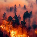 Forest fire^ many acres of pine trees burn down during the dry season. Wildfire burns in the forest. The concept of global cataclysms on earth. 3d rendering