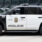 Minneapolis Police car in downtown Minneapolis^ Minnesota^ MN USA^ May 5^ 2023.