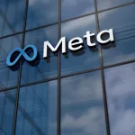 Meta corporation headquarters glass building concept. Metaverse facebook virtual reality network company symbol on front facade 3d illustration. Menlo Park^ USA^ May 5^ 2023