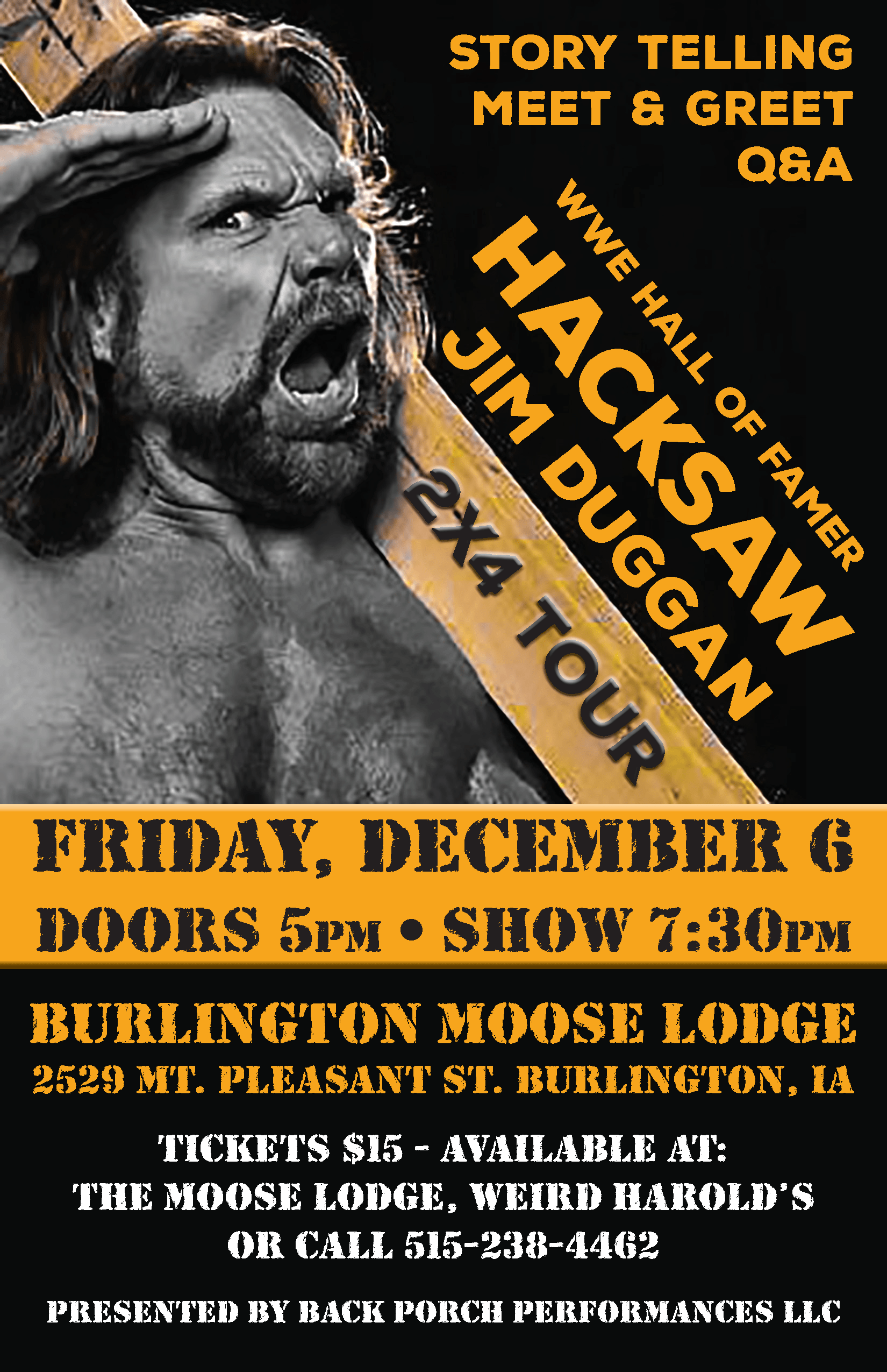 Jim Duggan Meet and greet at the Moose Lodge in Burlington on December 6th at 7:30 PM. Presented by Back Porch Performances LLC