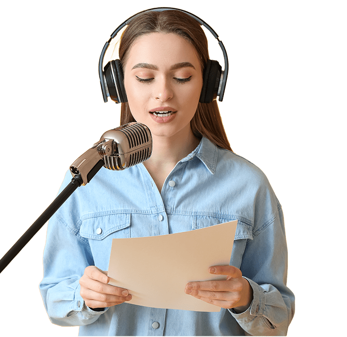 girl reading off piece of paper into a microphone