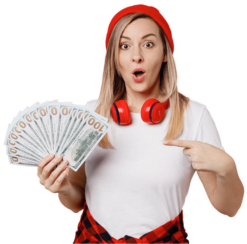 girl with headphones holding money