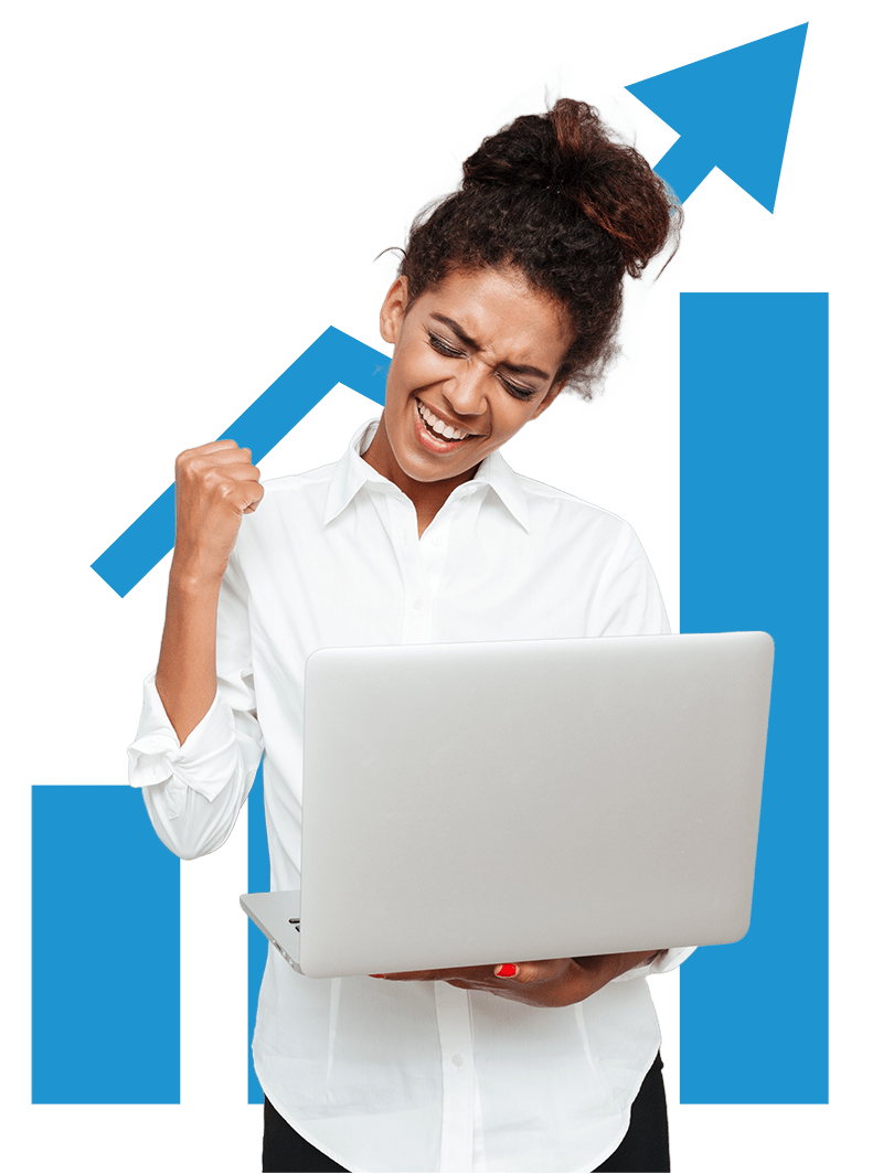 happy woman holding laptop with chart trending upward