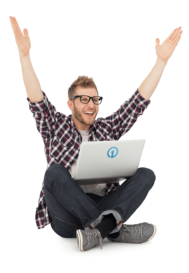 man holding arms up with laptop using onecms