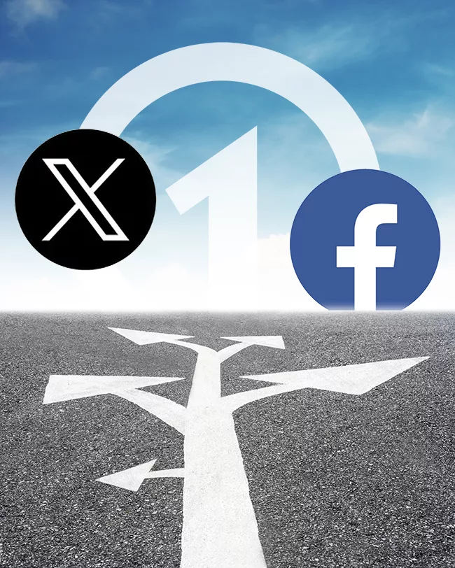 arrows painted on ground point to logos of onecms, x and facebook