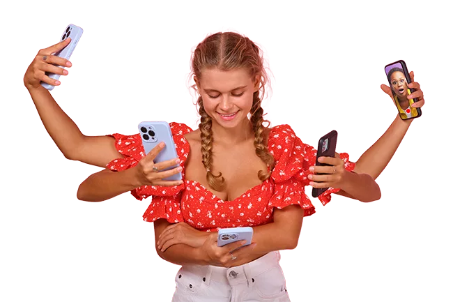 girl with multiple arms holding multiple mobile devices