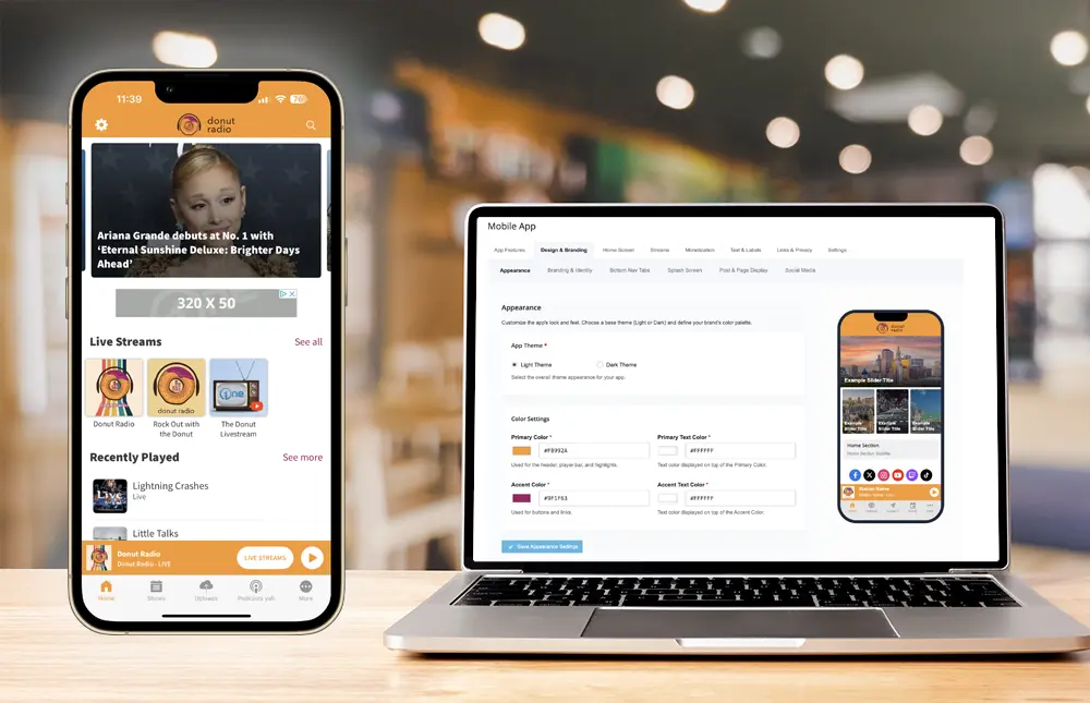 image showing OneCMS App next to laptop managing the branding and color scheme of the app