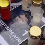 Berlin^ Germany - September 12^ 2025: Makeshift memorial for Charlie Kirk at the Embassy of the United States of America on Pariser Platz in Berlin