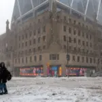 New York^ NY USA - February 1^ 2021: Snow storm on East Coast^ New York City. Manhattan During Nor'easter Blizzard