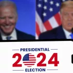 Donald Trump vs Joe Biden. The 2024 American presidential election concept^ with Donald Trump and Joe Biden in the background.