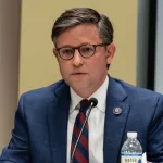 Congressman Mike Johnson (R) speaks during House Judiciary Committee field hearing on New York City violent crimes at Javits Federal Building in New York City on April 17^ 2023