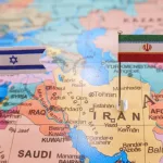 Iran^ Tehran - 2024 April 13: Iran and Israel flags on geopolitic map. Iran and Israel war conflict