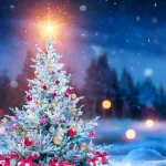 Christmas Tree And Gift Boxes On Snow In Night With Shiny Star and Forest - Winter Abstract Landscape