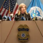 Police Commissioner Jessica Tisch speaks during Homeland Security Investigation announcement at New York office of arrest of alleged Tren De Aragua gang members. New York^ NY - April 22^ 2025