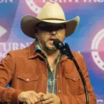 Jason Aldean speaks at a Donald Trump election rally at the Gas South Arena in Duluth^ Georgia. Duluth^ Georgia^ October 23^ 2024