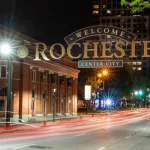 Welcome to Rochester sign along South Clinton Avenue in downtown Rochester^ New York