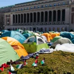 Pro-Palestinian supporters set up a protest encampment on the campus of Columbia University in New York as seen on April 22^ 2024