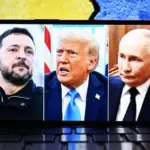 US President Trump^ Russian President Putin and Ukrainian President Zelensky appear side by side on the phone screen. In the background are the Ukrainian and Russian flags. 06.06.2025 New York U.S