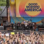 Members of pop rock band One Republic pose on stage after ABC Good Morning America summer concert at Central Park New York^ NY - July 15^ 2022