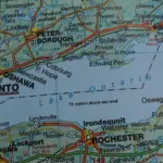 Close up of the Canada on a map with Lake Ontario in sharp focus. Lake Ontario on a map. Lake Ontario map