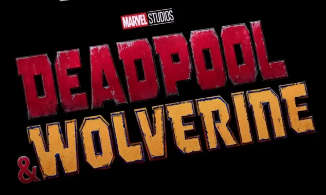 Logo of Deadpool and Wolverine movie on phone screen with movie trailer on the background on TV screen.