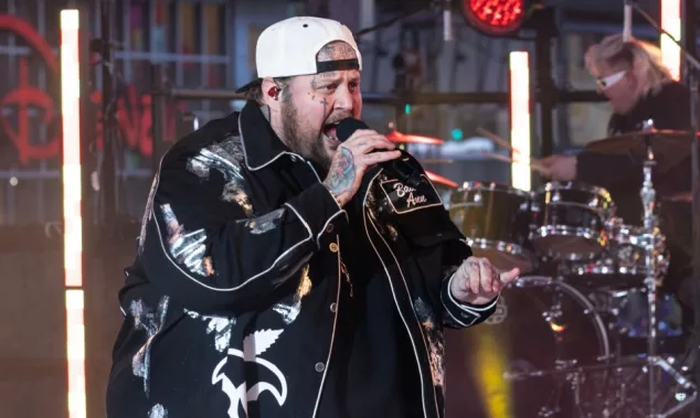 Jelly Roll performs on stage during 2024 New Year's celebration on Times Square in New York on December 31^ 2023.
