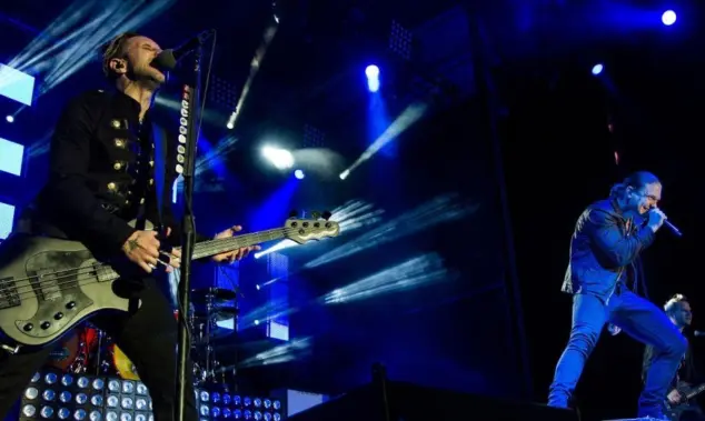 Brent Smith and Eric Bass with Shinedown perform live onstage at Rockstar Uproar Festival on September 25 2012 in Nampa^ Idaho. NAMPA^ IDAHO - SEPTEMBER 25