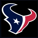 Houston Texans logo; a bull's head using blue and red plus star-shaped eyes then a white outline wrapped in a black background