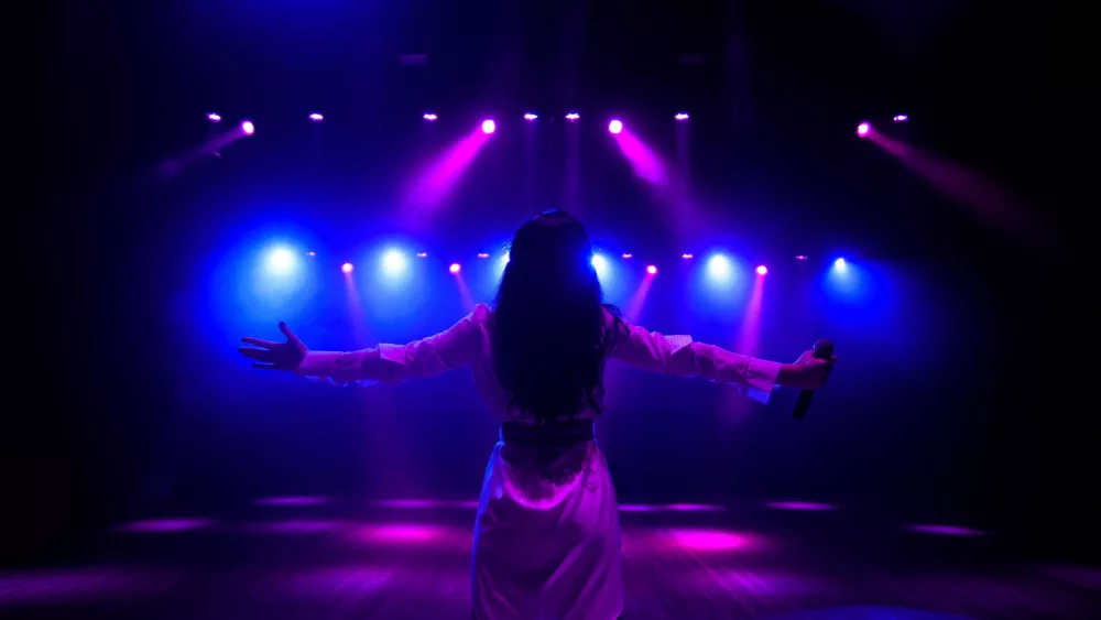 Unrecognizable singer standing on stage at microphone^ back view^ neon lights