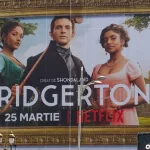 Banner advertising Bridgerton TV Series is displayed on the Unirea Shopping Center^ in downtown Bucharest.