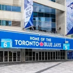 Blue Jays sign at the entrance of Rogers center in Toronto. Toronto^ Canada-July 2^ 2018