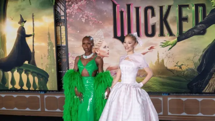 LOS ANGELES^ CA. Cynthia Erivo and Ariana Grande at the premiere for Wicked at the Dorothy Chandler Pavilion. November 09^ 2024