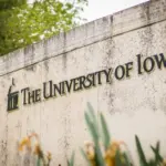 University of Iowa entrance sign at Hawkeyes' college campus Iowa City^ IA - May 23^ 2022