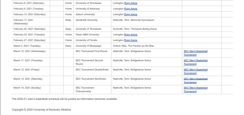 University Of Kentucky 2020 21 Men S Basketball Schedule Q95fm