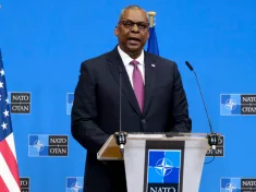US Defense Secretary Lloyd Austin at conference of NATO Defence ministers at the NATO headquarters in Brussels on February 15^ 2023.