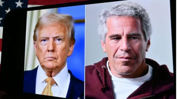 Editorial image showing U.S. President Donald Trump and Jeffrey Epstein on the screen. For editorial use only. New York U.S 27.07.2025