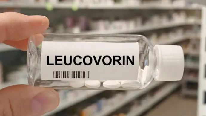 Bottle of LEUCOVORIN tablets on a hospital pharmacy table used to reduce methotrexate toxicity a folinic acid supplement.