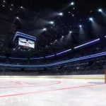 empty ice hockey arena inside view illuminated by spotlights^ hockey and skating stadium indoor 3D render illustration background