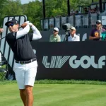 Sergio Garcia watches his shot during the LIV Golf Tournament held at the Trump National Golf Club in Bedminster^NJ. BEDMINSTER^NJ-AUGUST 12^ 2023