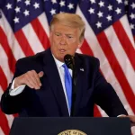 President Donald Trump speaks on election night in the East Room of the White House in the early morning hours of November 04^ 2020 in Washington^ DC.