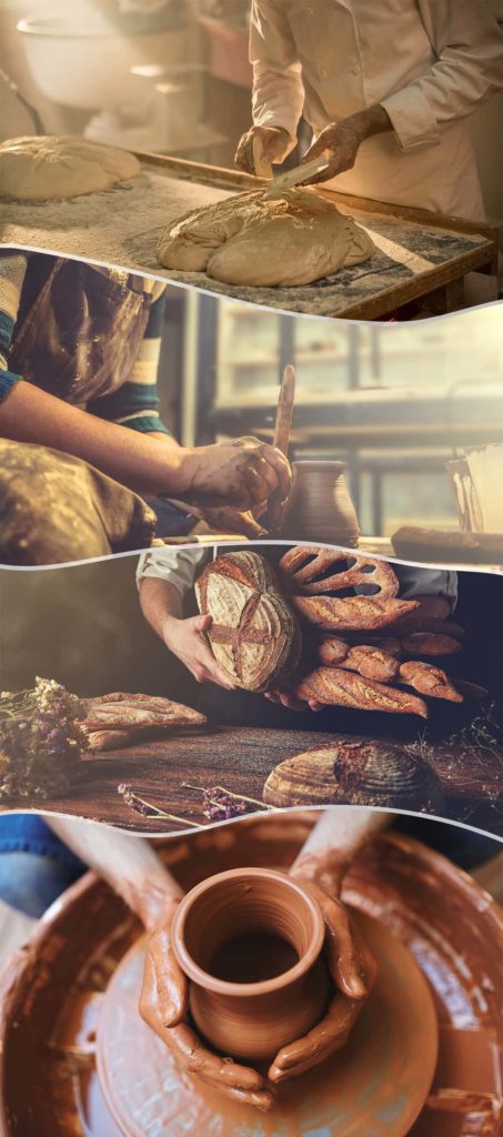 multiple images of people baking bread and making clay vases