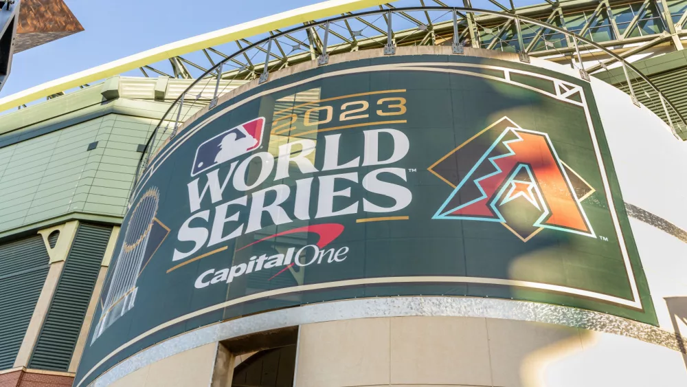 Chase Field, located in downtown Phoenix and home to the Arizona Diamondsbacks. The team is in the 2023 MLB World Series.