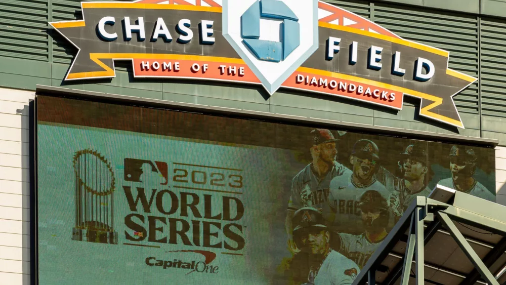 Chase Field in downtown Phoenix, home to the Arizona Diamondsbacks. The team is in the 2023 MLB World Series October 28, 2023.