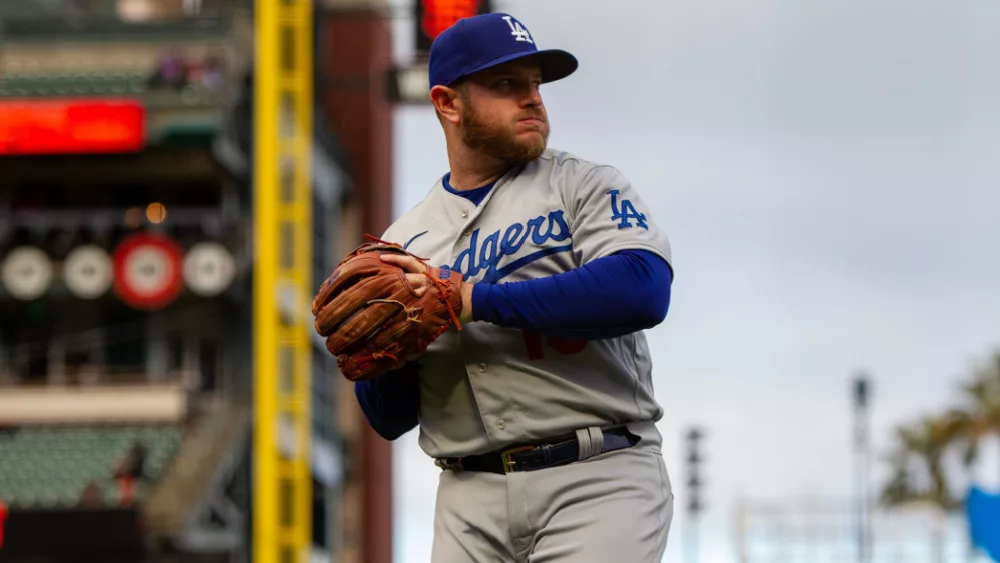 LA Dodgers third baseman Max Muncy on the field before a game against the San Francisco Giants at Oracle Park.