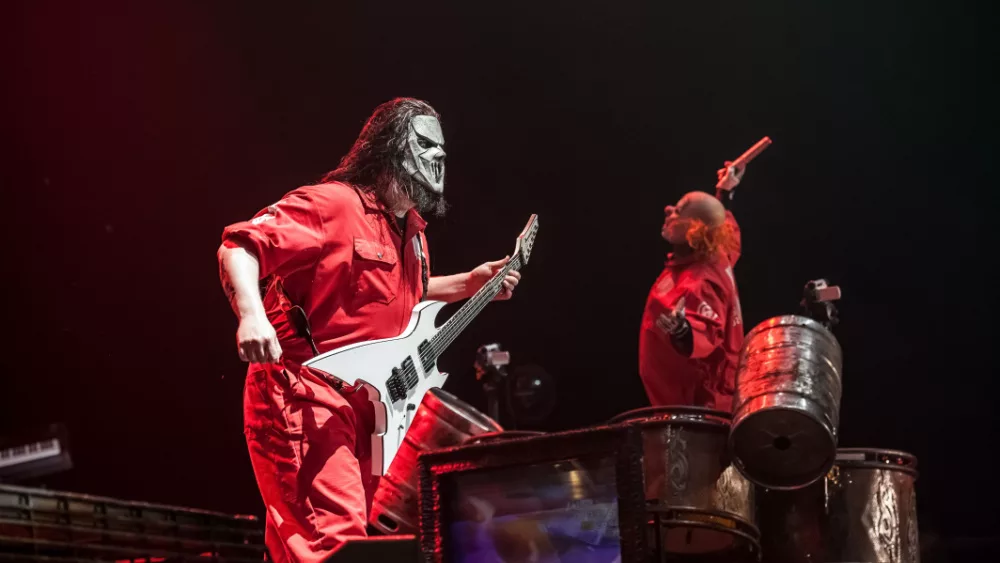 Heavy-metal band Slipknot performing at Olimpiyski stadium, Moscow during Memorial World Tour