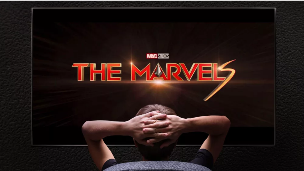 Marvel Studios' THE MARVELS. Teaser Trailer on TV screen.