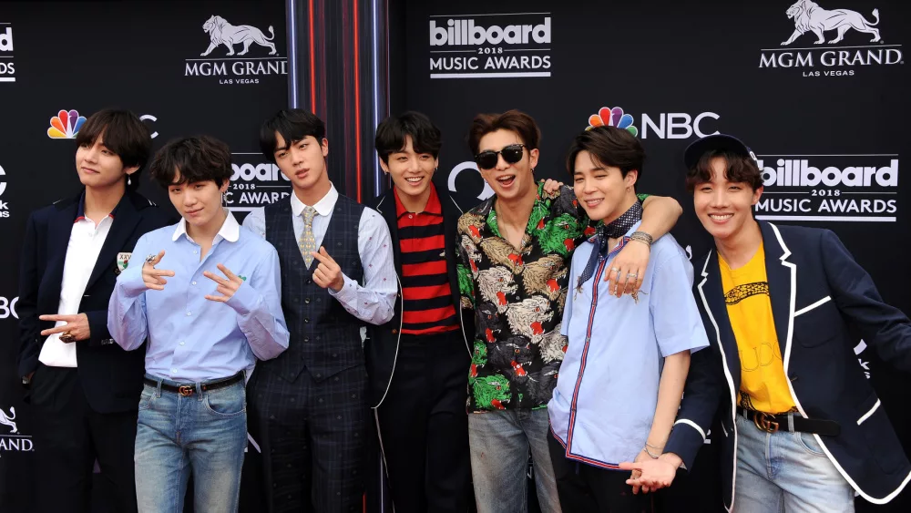 V, SUGA, Jin, Jung Kook, RM, Jimin and j-hope of BTS at the MGM Grand Garden Arena in Las Vegas on May 20, 2018.
