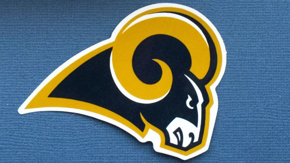 The emblem of Los Angeles Rams on a blue background.