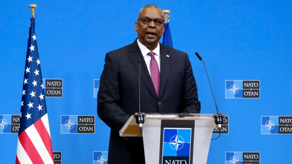 US Defense Secretary Lloyd Austin at conference of NATO Defence ministers at the NATO headquarters in Brussels on February 15, 2023.