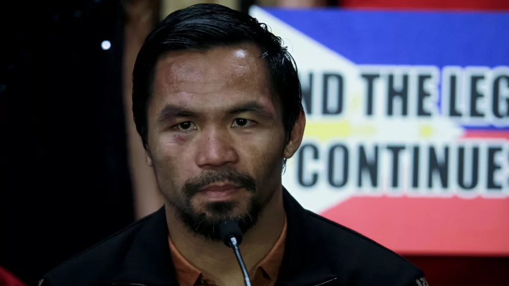 Manny Pacquiao speaks during press conference during world welterweight boxing championship at Axiata Arena. KUALA LUMPUR, MALAYSIA - JULY 15, 2018